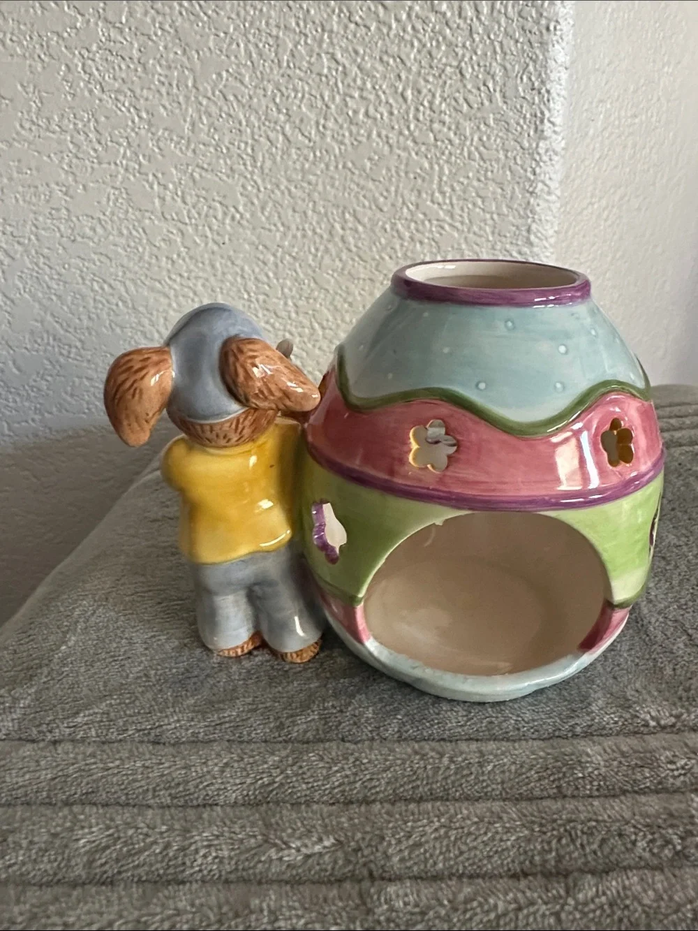 Ceramic Pastel Egg candle Holder with Bunny Figurine - Multicolor